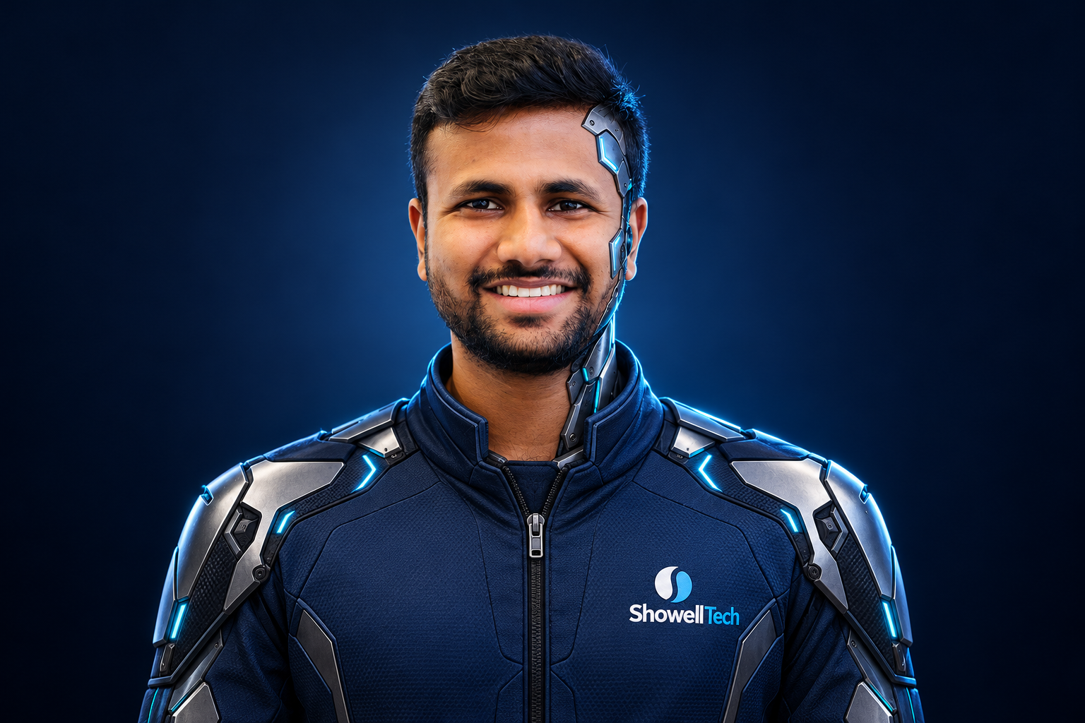 An AI-created portrait of Shanthan as a friendly humanoid, wearing ShowellTech branding
